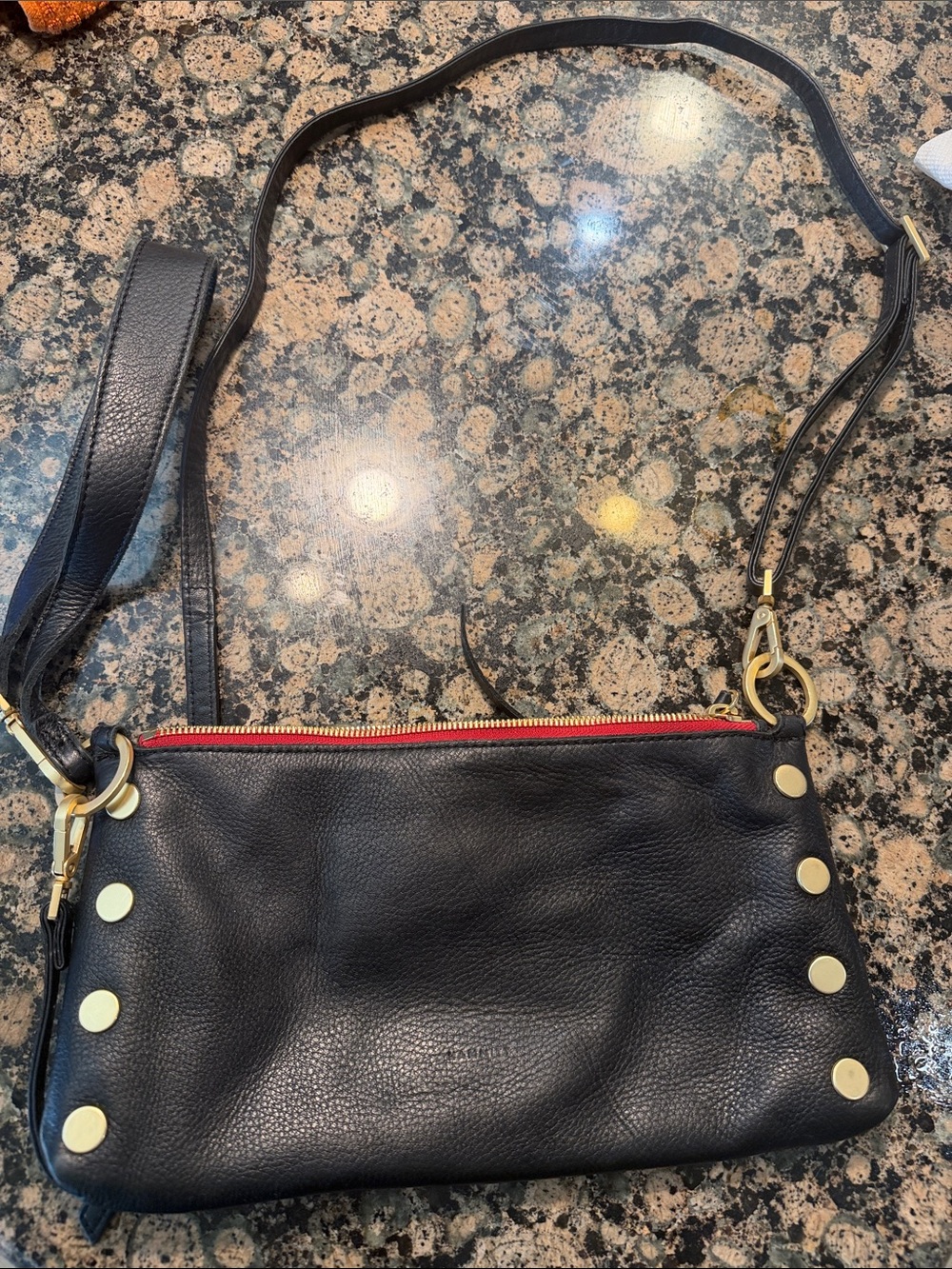Hammitt Kyle Black Leather Crossbody with Gold Studs and Red Zip